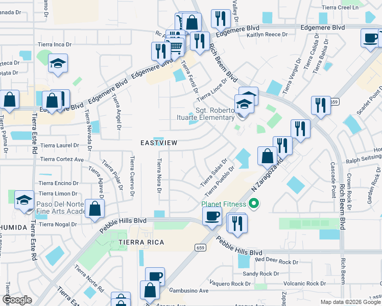 map of restaurants, bars, coffee shops, grocery stores, and more near 12741 Tierra Sonora in El Paso