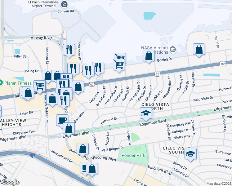 map of restaurants, bars, coffee shops, grocery stores, and more near 1505 Devonshire Drive in El Paso