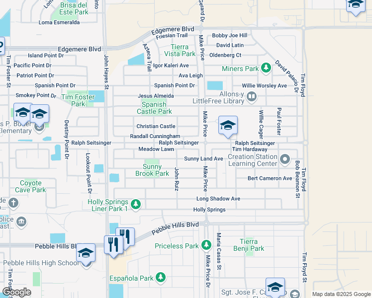 map of restaurants, bars, coffee shops, grocery stores, and more near 14677 Meadow Lawn in El Paso