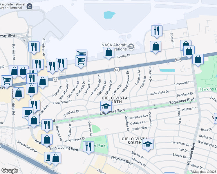 map of restaurants, bars, coffee shops, grocery stores, and more near 1416 Idlewilde Drive in El Paso