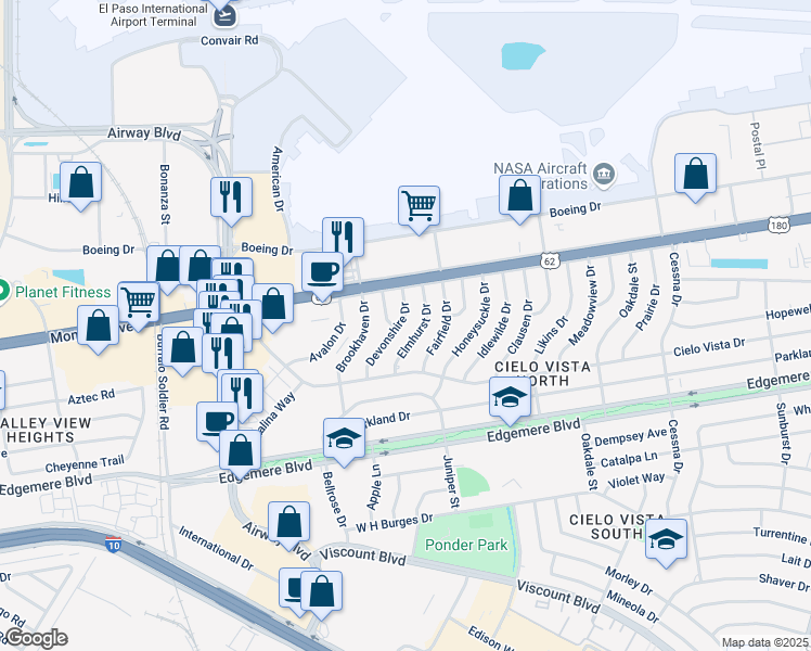 map of restaurants, bars, coffee shops, grocery stores, and more near 1505 Devonshire Drive in El Paso