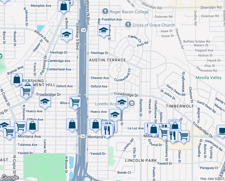 map of restaurants, bars, coffee shops, grocery stores, and more near 1514 Radford Street in El Paso