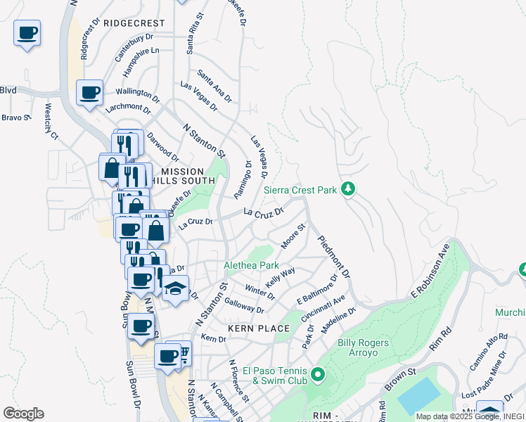 map of restaurants, bars, coffee shops, grocery stores, and more near 1201 La Cruz Drive in El Paso