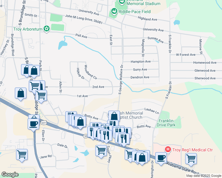 map of restaurants, bars, coffee shops, grocery stores, and more near 519 2nd Avenue in Troy