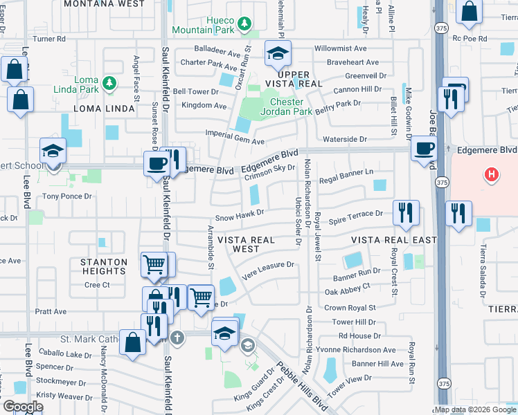 map of restaurants, bars, coffee shops, grocery stores, and more near 11853 Snow Hawk Drive in El Paso