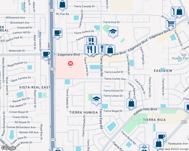 map of restaurants, bars, coffee shops, grocery stores, and more near 3208 Tierra Pura Place in El Paso