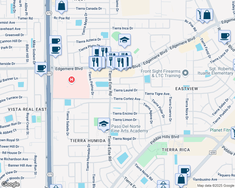 map of restaurants, bars, coffee shops, grocery stores, and more near 3208 Tierra Avenue Place in El Paso