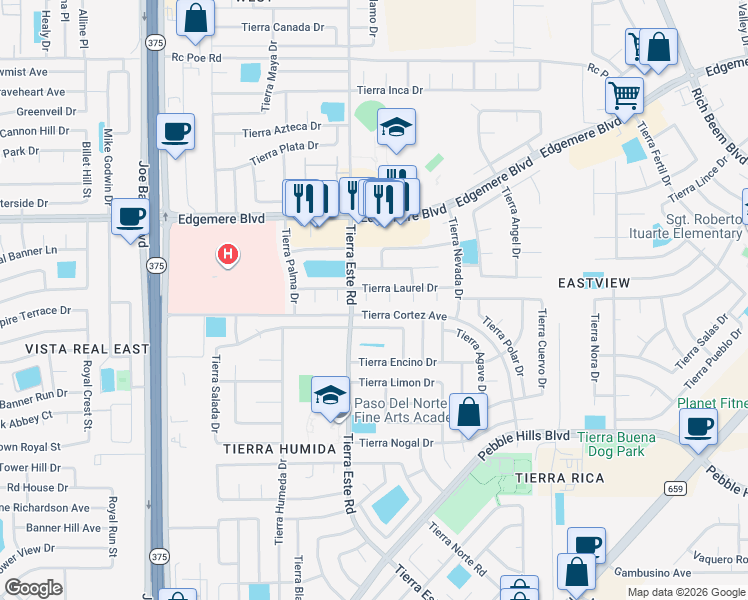 map of restaurants, bars, coffee shops, grocery stores, and more near 3208 Tierra Avenue Place in El Paso