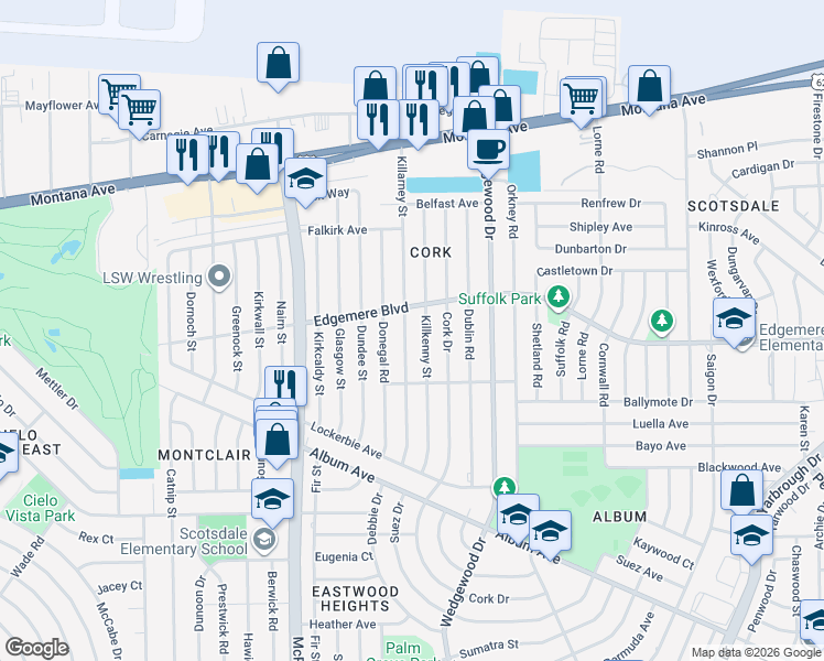 map of restaurants, bars, coffee shops, grocery stores, and more near 3216 Killarney Street in El Paso