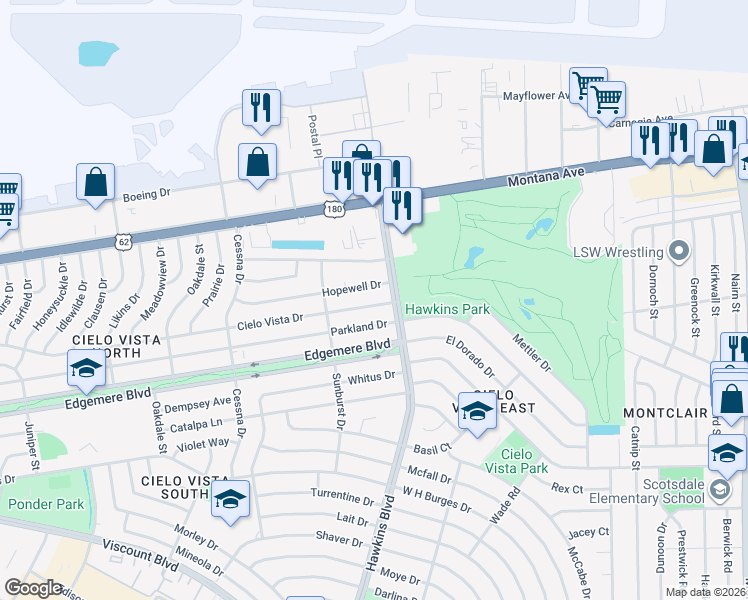 map of restaurants, bars, coffee shops, grocery stores, and more near 8704 Hopewell Drive in El Paso