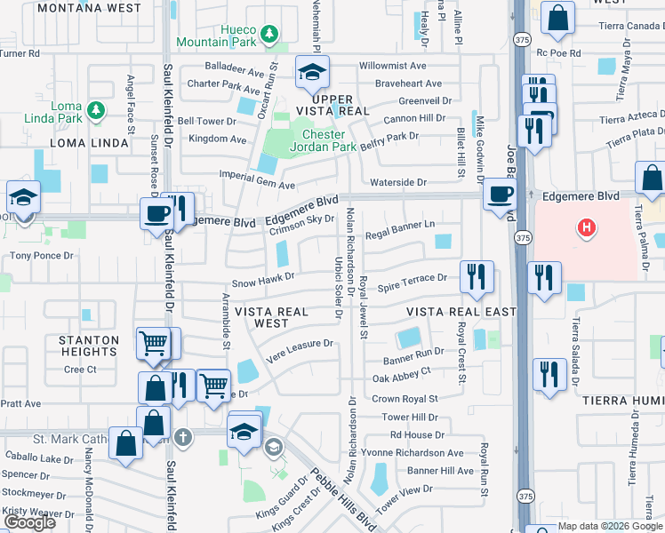 map of restaurants, bars, coffee shops, grocery stores, and more near 3272 Urbici Soler Drive in El Paso
