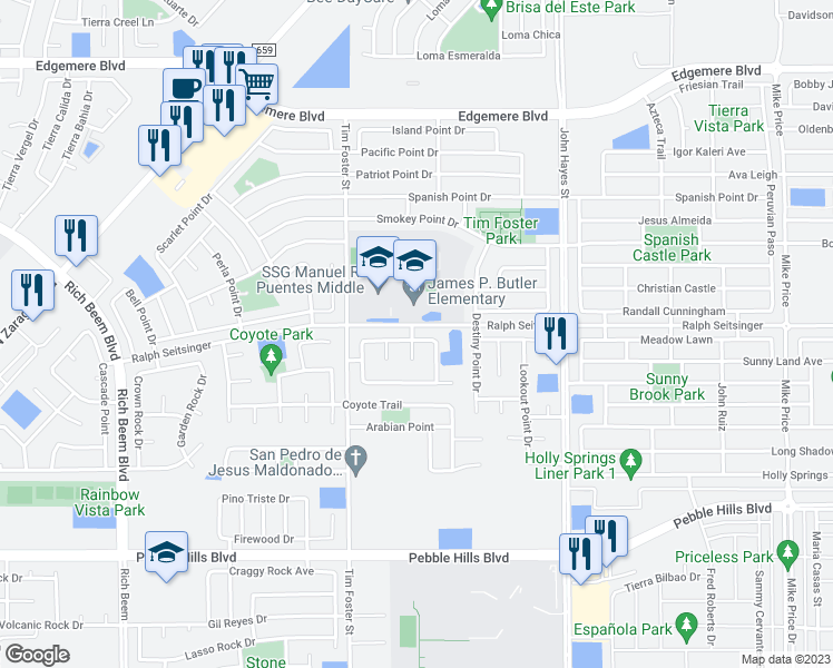 map of restaurants, bars, coffee shops, grocery stores, and more near 14401 Navajo Point Drive in El Paso