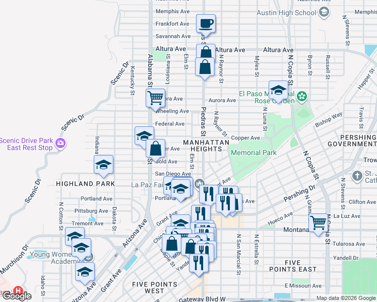 map of restaurants, bars, coffee shops, grocery stores, and more near 1515 Elm Street in El Paso