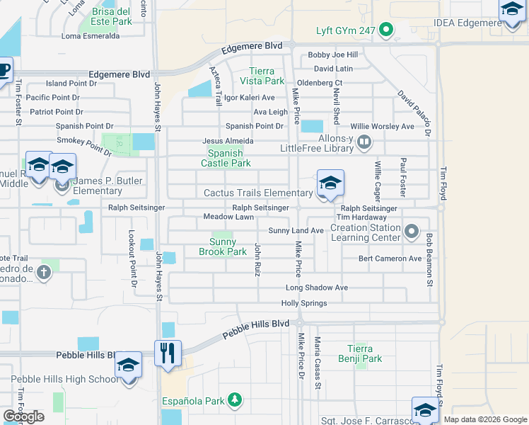map of restaurants, bars, coffee shops, grocery stores, and more near 14653 Meadow Lawn in El Paso
