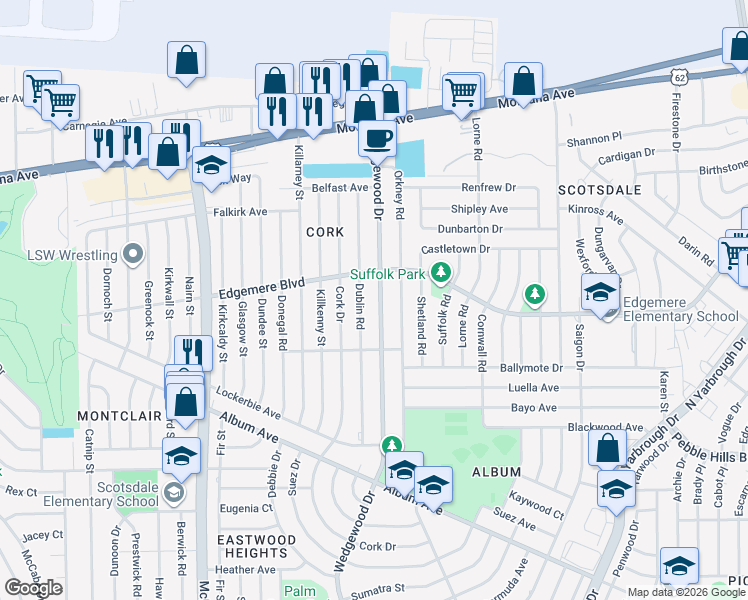 map of restaurants, bars, coffee shops, grocery stores, and more near 3219 Wedgewood Drive in El Paso