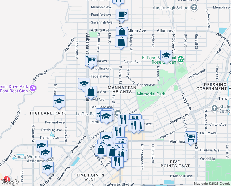 map of restaurants, bars, coffee shops, grocery stores, and more near 1515 Elm Street in El Paso