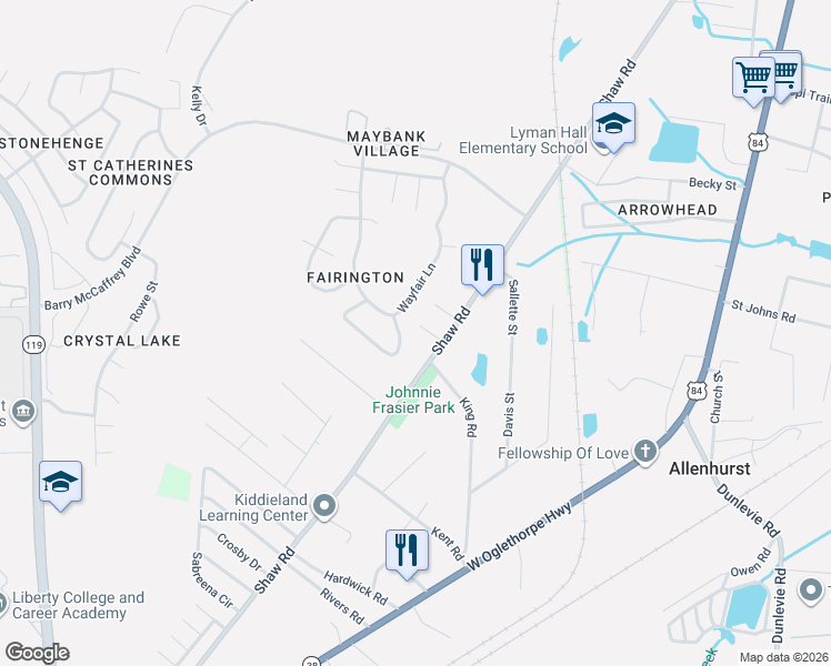 map of restaurants, bars, coffee shops, grocery stores, and more near 45 Robert Baker Court in Fort Stewart