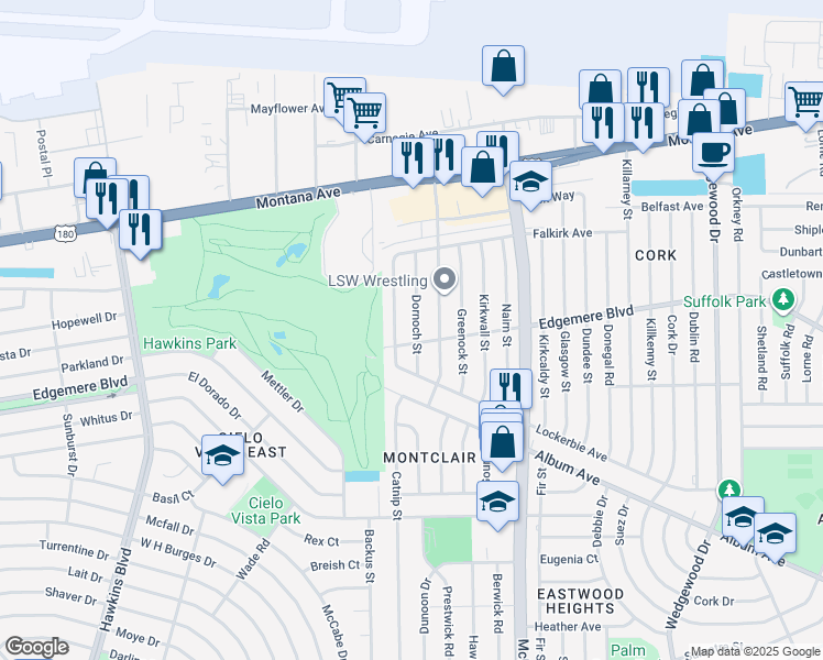 map of restaurants, bars, coffee shops, grocery stores, and more near 3405 Dornoch Street in El Paso