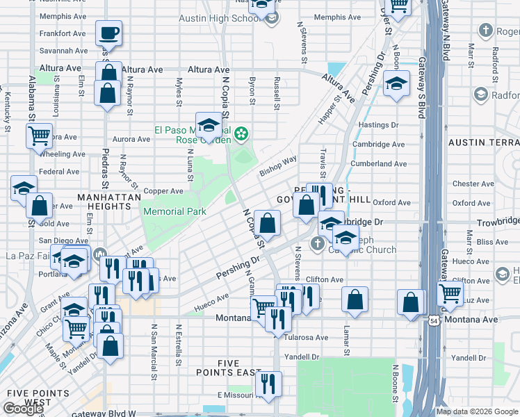 map of restaurants, bars, coffee shops, grocery stores, and more near 3619 Bisbee Avenue in El Paso