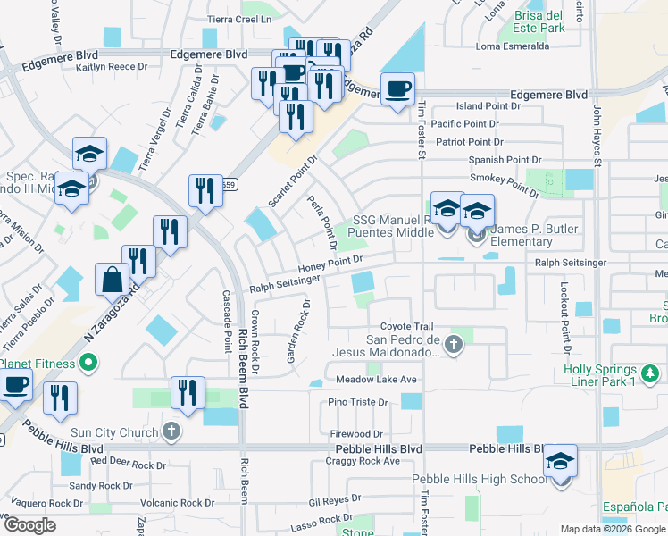 map of restaurants, bars, coffee shops, grocery stores, and more near 14168 Honey Point Drive in El Paso