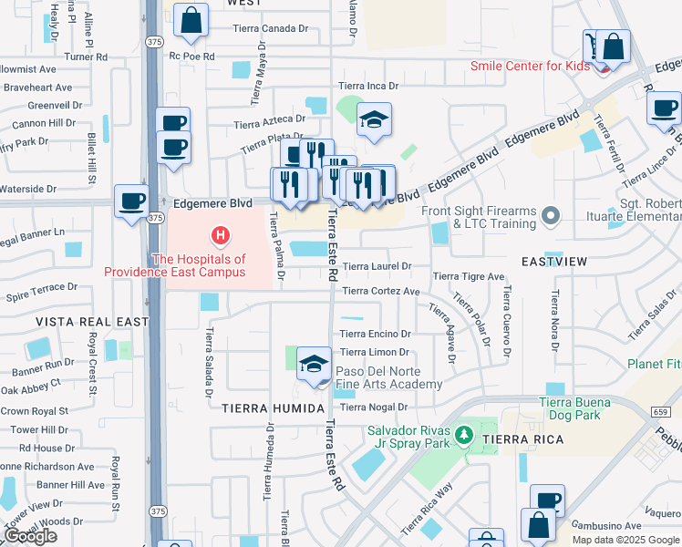 map of restaurants, bars, coffee shops, grocery stores, and more near 3216 Tierra Nuez Place in El Paso