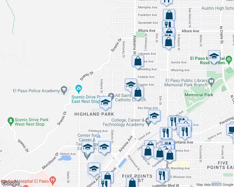 map of restaurants, bars, coffee shops, grocery stores, and more near 2416 Silver Avenue in El Paso