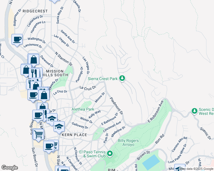 map of restaurants, bars, coffee shops, grocery stores, and more near 3220 Piedmont Drive in El Paso