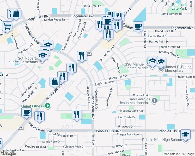 map of restaurants, bars, coffee shops, grocery stores, and more near 3221 Bell Point Drive in El Paso