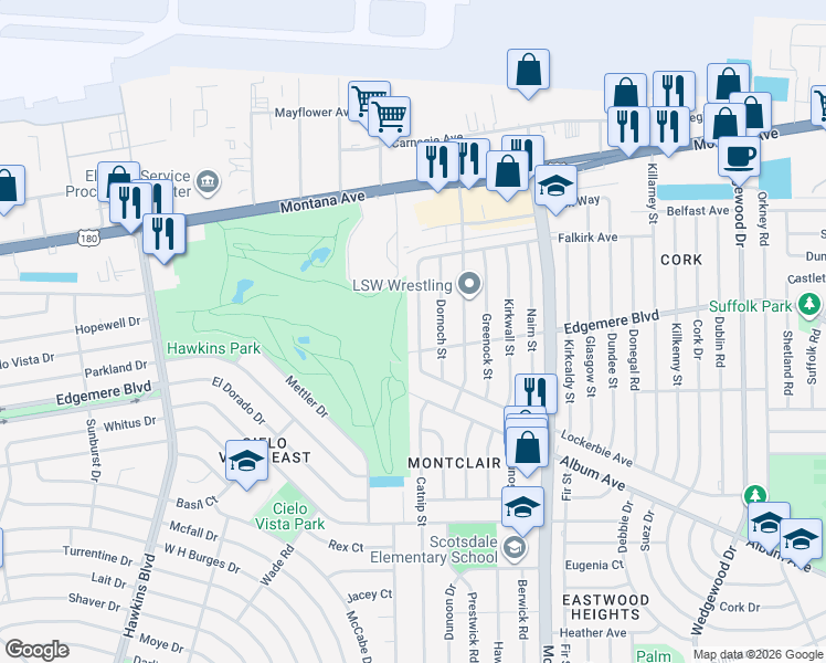 map of restaurants, bars, coffee shops, grocery stores, and more near 3409 Aberdeen Street in El Paso