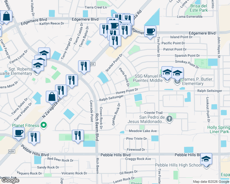 map of restaurants, bars, coffee shops, grocery stores, and more near 3213 Scarlet Point Drive in El Paso