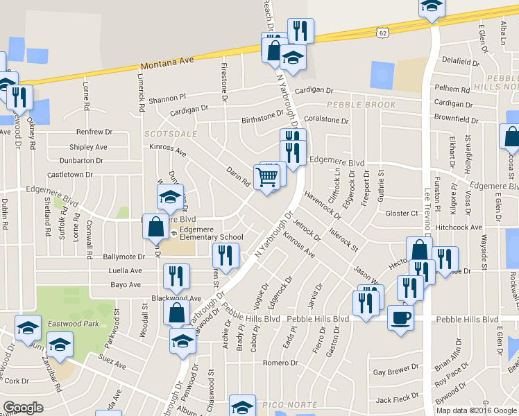 map of restaurants, bars, coffee shops, grocery stores, and more near 10563 Kinross Avenue in El Paso