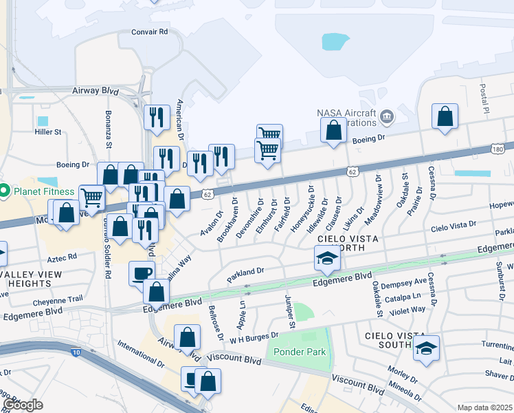 map of restaurants, bars, coffee shops, grocery stores, and more near 1505 Devonshire Drive in El Paso