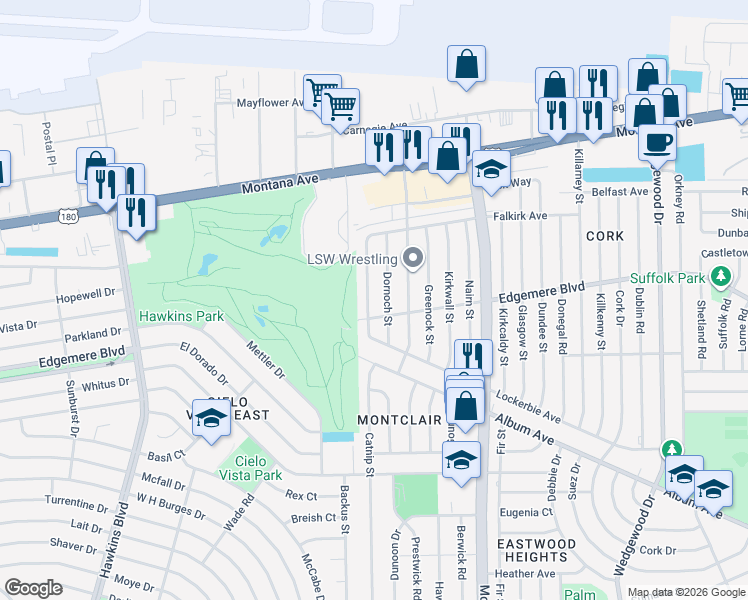 map of restaurants, bars, coffee shops, grocery stores, and more near 3408 Aberdeen Street in El Paso
