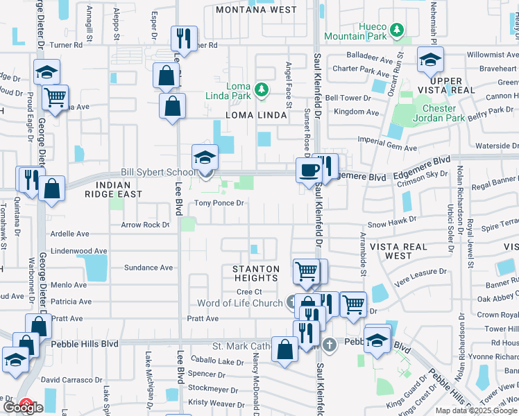 map of restaurants, bars, coffee shops, grocery stores, and more near 3319 Arroyos Place in El Paso