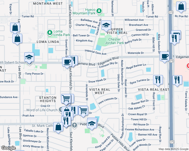 map of restaurants, bars, coffee shops, grocery stores, and more near 11809 Oxcart Run Street in El Paso