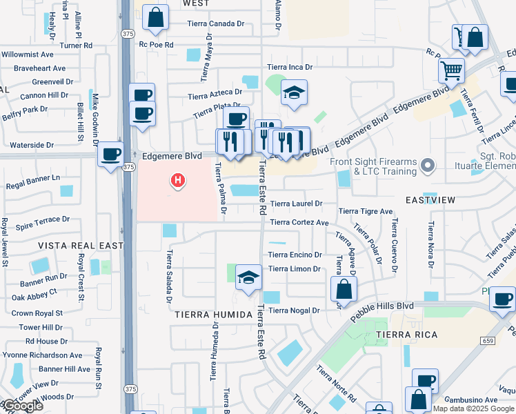 map of restaurants, bars, coffee shops, grocery stores, and more near 3216 Tierra Nuez Pl in El Paso