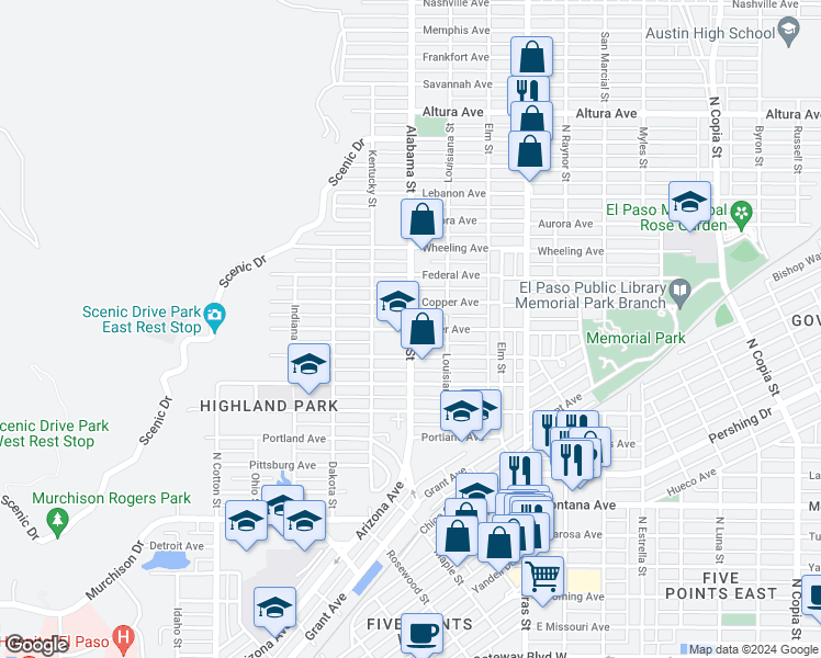 map of restaurants, bars, coffee shops, grocery stores, and more near Silver Avenue in El Paso