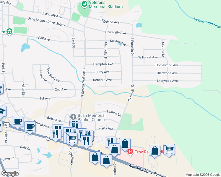 map of restaurants, bars, coffee shops, grocery stores, and more near 106 Timberbrook Road in Troy