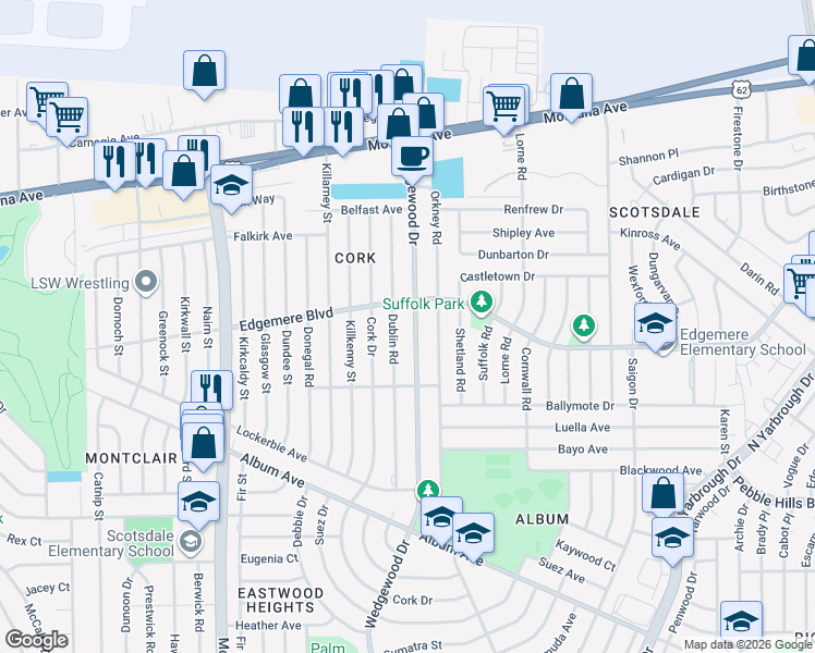 map of restaurants, bars, coffee shops, grocery stores, and more near 3219 Wedgewood Drive in El Paso