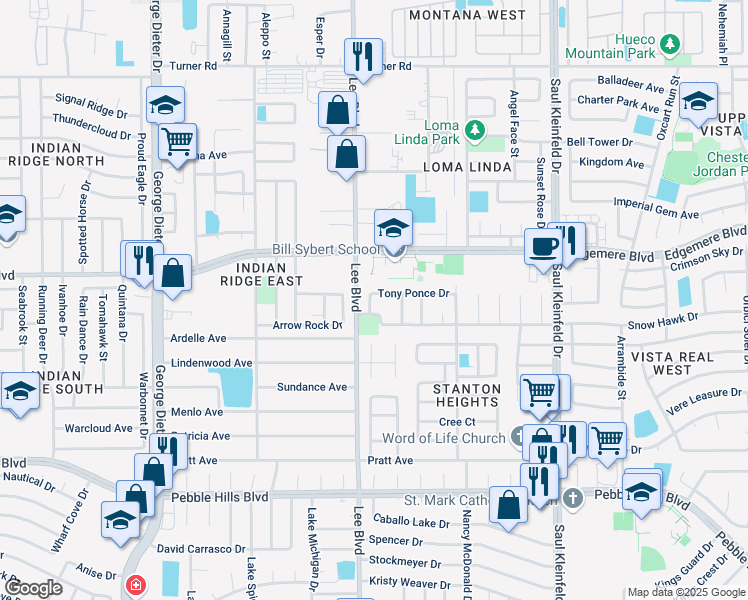 map of restaurants, bars, coffee shops, grocery stores, and more near 11520 Tony Ponce Dr in El Paso