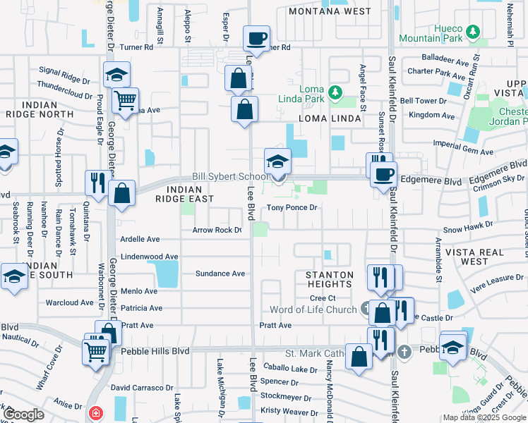 map of restaurants, bars, coffee shops, grocery stores, and more near 11520 Tony Ponce Drive in El Paso