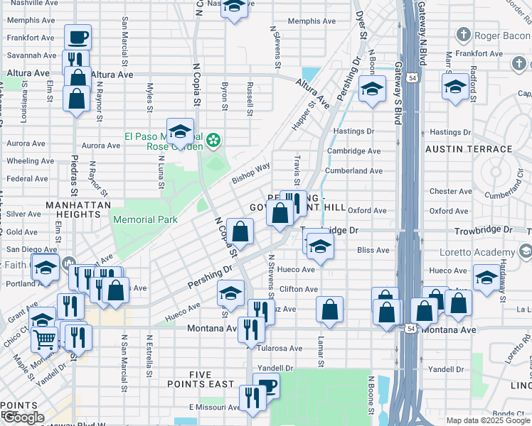 map of restaurants, bars, coffee shops, grocery stores, and more near 3660 Bisbee Avenue in El Paso
