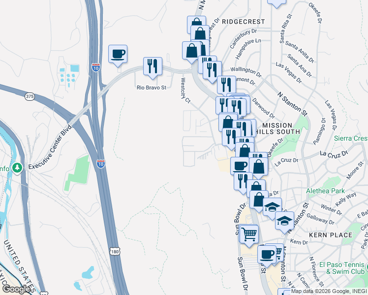 map of restaurants, bars, coffee shops, grocery stores, and more near 4111 Westcity Court in El Paso