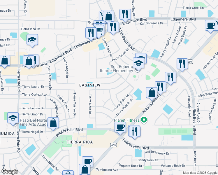 map of restaurants, bars, coffee shops, grocery stores, and more near 12741 Tierra Sonora Drive in El Paso