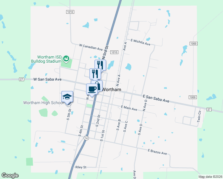 map of restaurants, bars, coffee shops, grocery stores, and more near in Wortham