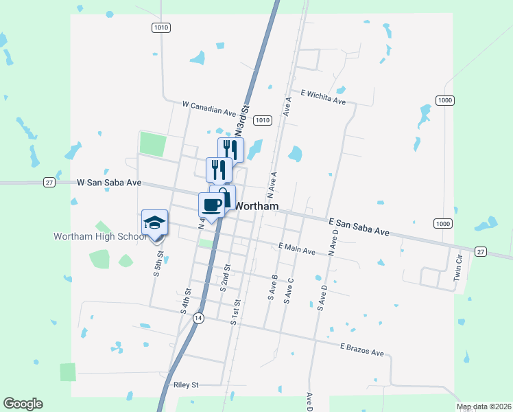 map of restaurants, bars, coffee shops, grocery stores, and more near in Wortham