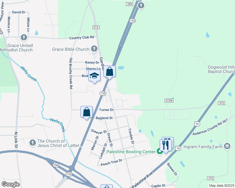 map of restaurants, bars, coffee shops, grocery stores, and more near 802 Gardner Drive in Palestine