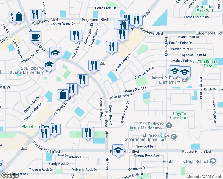 map of restaurants, bars, coffee shops, grocery stores, and more near 3225 Bell Point Drive in El Paso