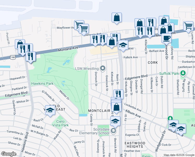 map of restaurants, bars, coffee shops, grocery stores, and more near 3405 Dornoch Street in El Paso