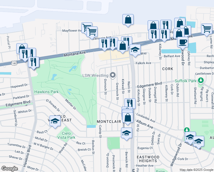 map of restaurants, bars, coffee shops, grocery stores, and more near 3405 Dornoch Street in El Paso